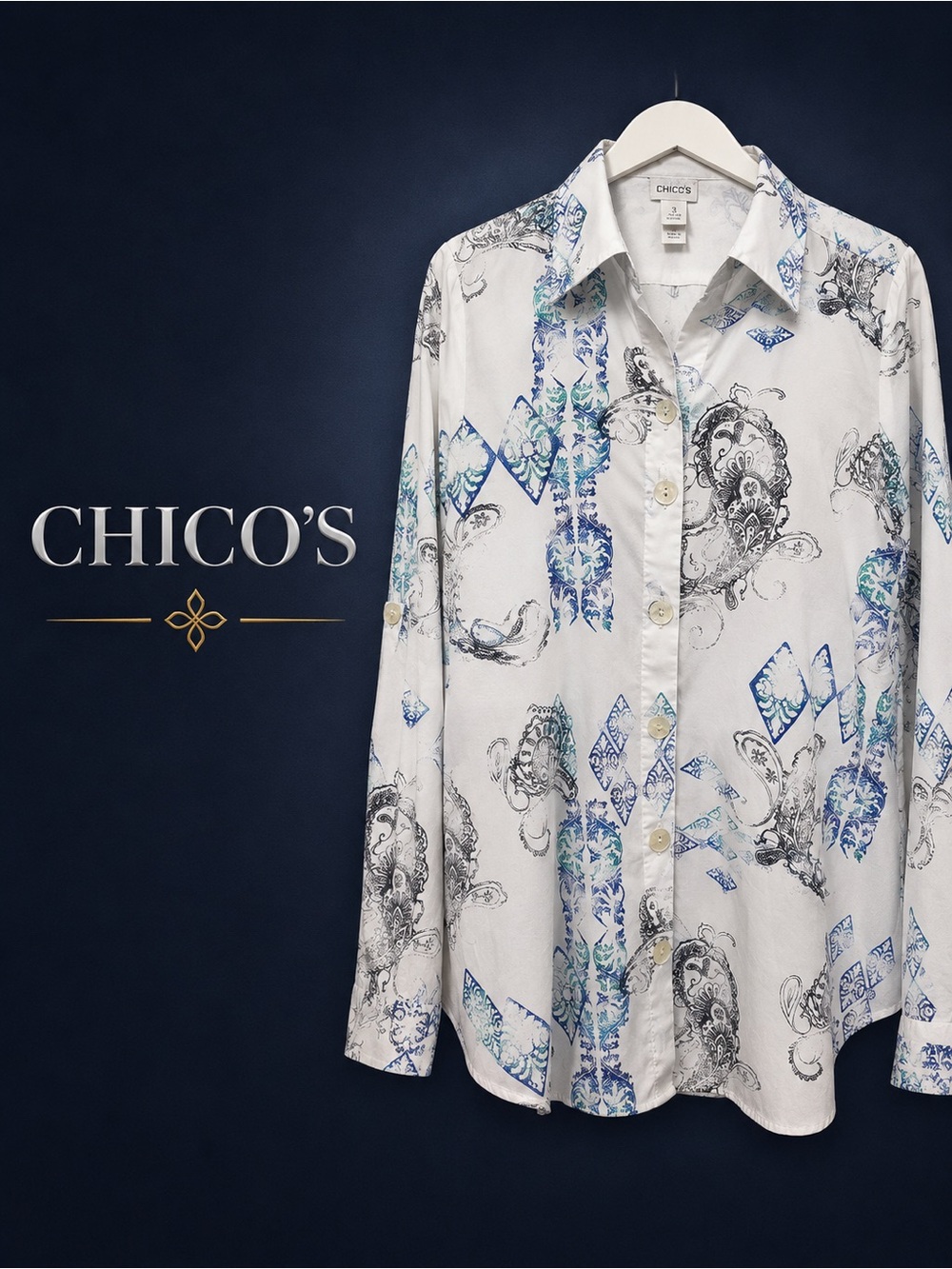 Chico's White Button-Down Shirt with Blue and Gray Print Shell Button Cotton